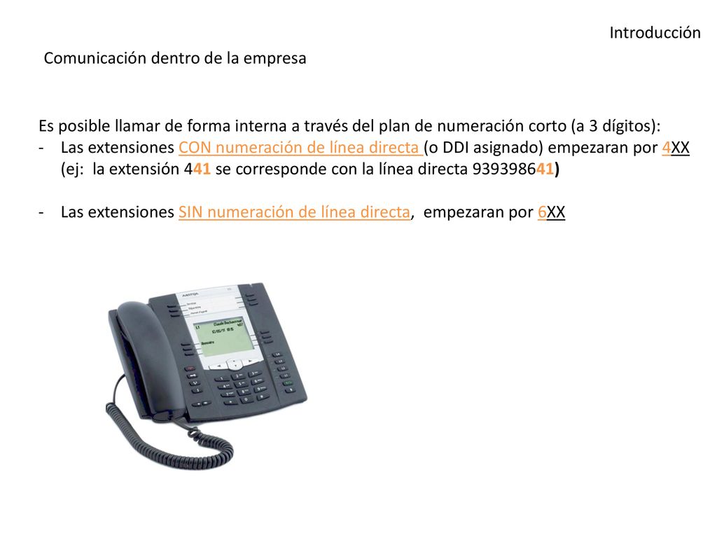 Introducción Comunicación dentro de la empresa. Es posible llamar de forma interna a través del plan de numeración corto (a 3 dígitos):