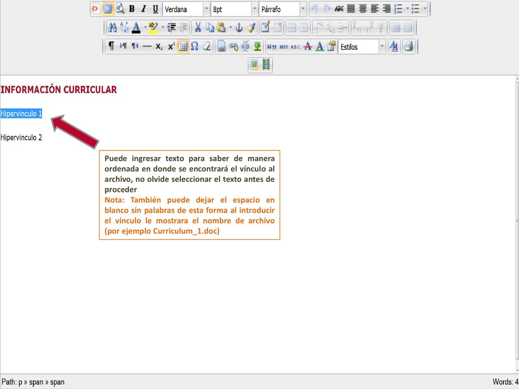 Puede ingresar texto para saber de manera ordenada en donde se encontrará el vínculo al archivo, no olvide seleccionar el texto antes de proceder