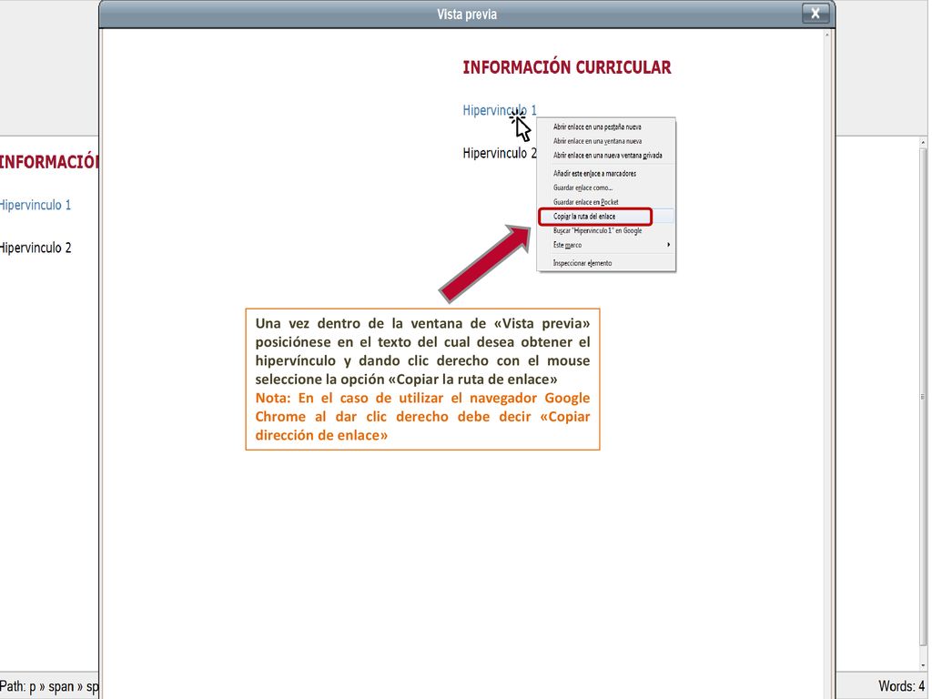 Una vez dentro de la ventana de «Vista previa» posiciónese en el texto del cual desea obtener el hipervínculo y dando clic derecho con el mouse seleccione la opción «Copiar la ruta de enlace»