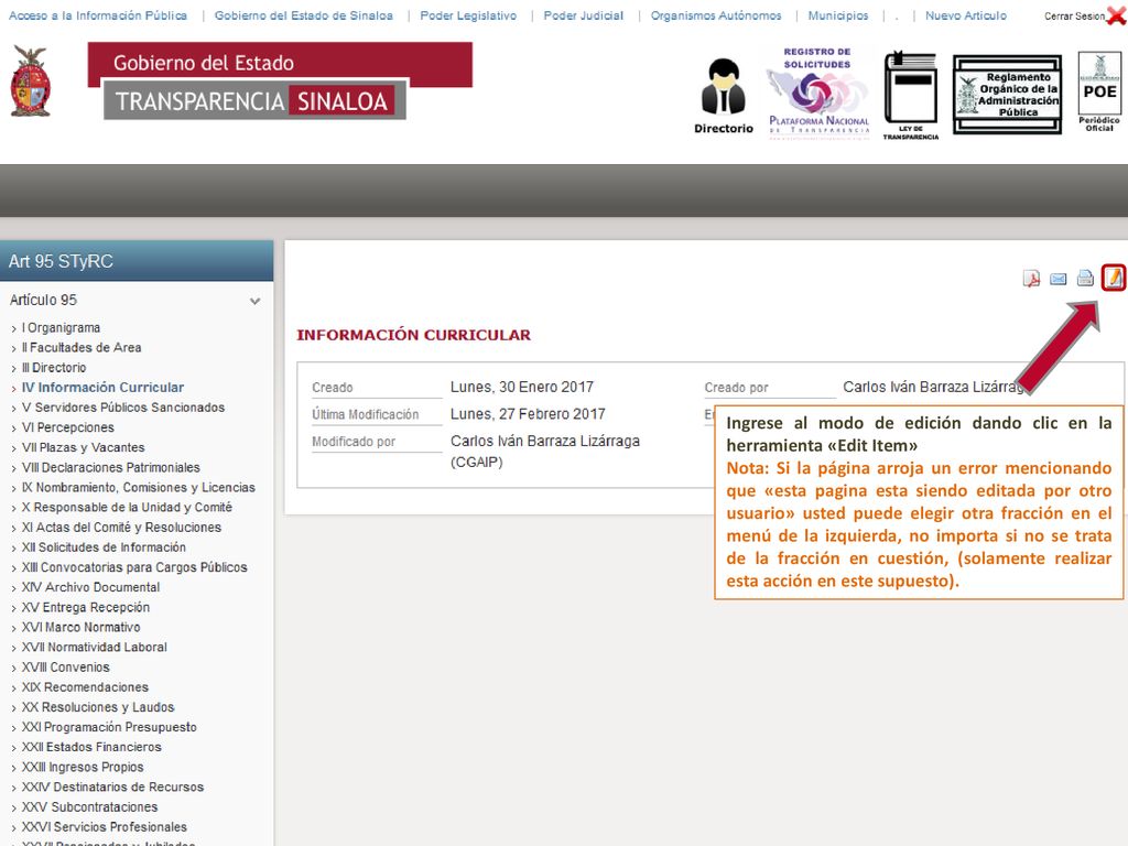 Ingrese al modo de edición dando clic en la herramienta «Edit Item»
