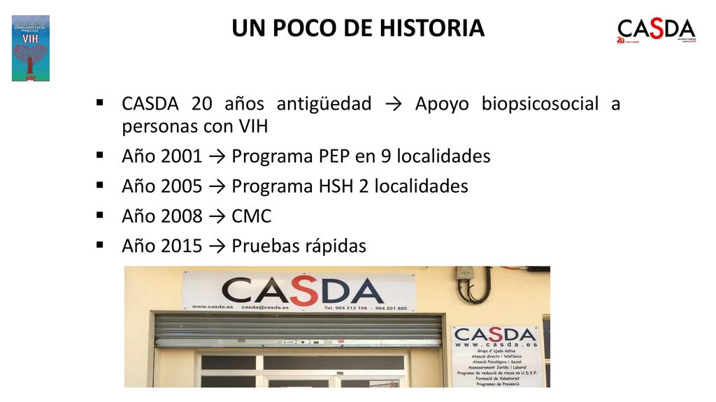 UN POCO DE HISTORIA CASDA 20 años antigüedad → Apoyo biopsicosocial a personas con VIH. Año 2001 → Programa PEP en 9 localidades.