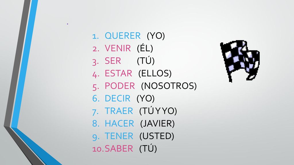 . QUERER (YO) VENIR (ÉL) SER (TÚ) ESTAR (ELLOS) PODER (NOSOTROS)