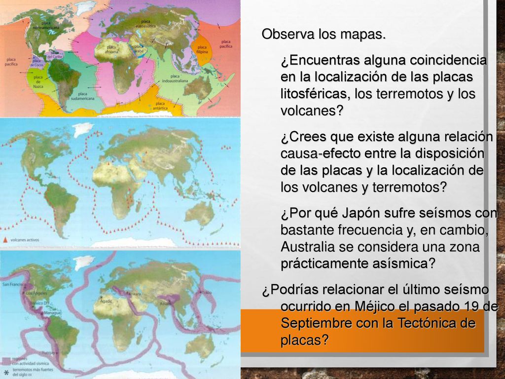 Observa los mapas. ¿Encuentras alguna coincidencia en la localización de las placas litosféricas, los terremotos y los volcanes