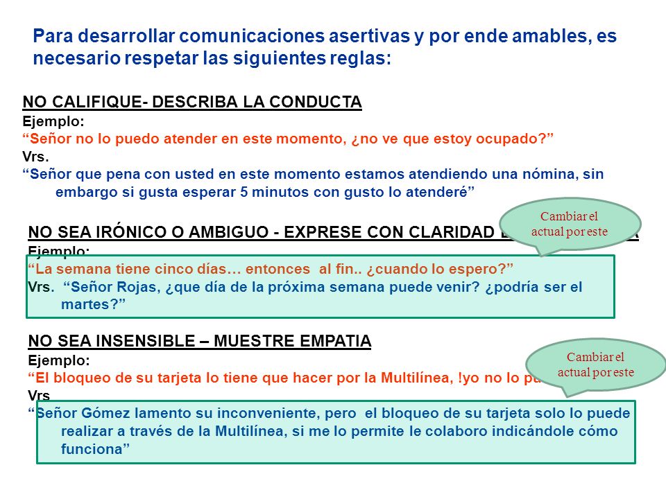 Para desarrollar comunicaciones asertivas y por ende amables, es necesario respetar las siguientes reglas: