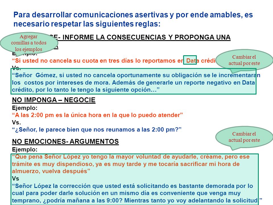 Para desarrollar comunicaciones asertivas y por ende amables, es necesario respetar las siguientes reglas: