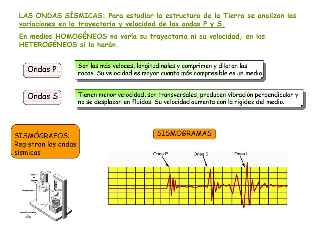 LAS ONDAS SÍSMICAS: Para estudiar la estructura de la Tierra se analizan las variaciones en la trayectoria y velocidad de las ondas P y S.
