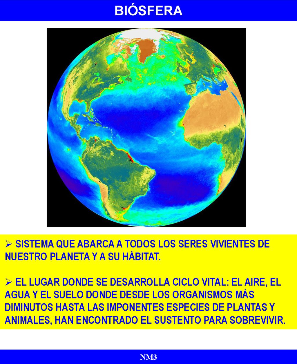 BIÓSFERA sistema que abarca a todos los seres vivientes de nuestro planeta y a su hábitat.