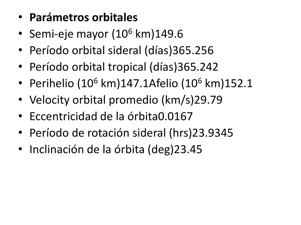 Parámetros orbitales Semi-eje mayor (106 km) Período orbital sideral (días) Período orbital tropical (días)