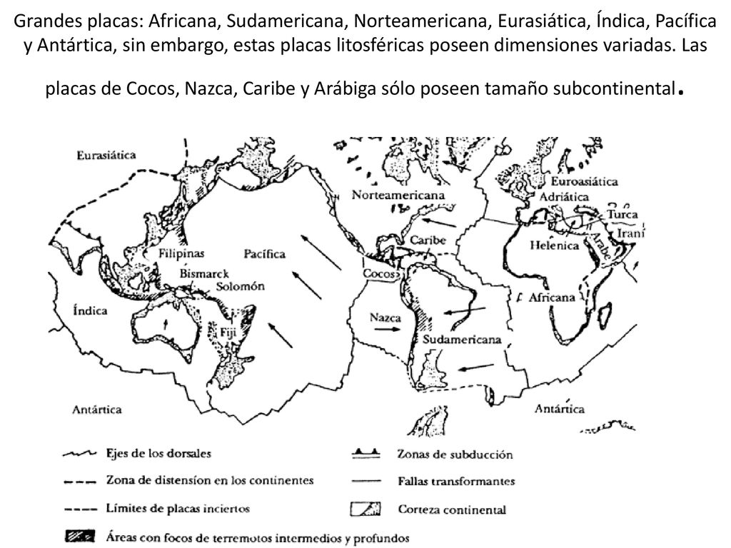 Grandes placas: Africana, Sudamericana, Norteamericana, Eurasiática, Índica, Pacífica y Antártica, sin embargo, estas placas litosféricas poseen dimensiones variadas.