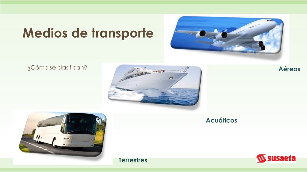 Medios de transporte ¿Cómo se clasifican Aéreos Acuáticos Terrestres