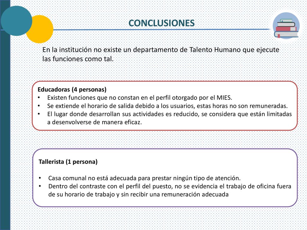 CONCLUSIONES En la institución no existe un departamento de Talento Humano que ejecute las funciones como tal.