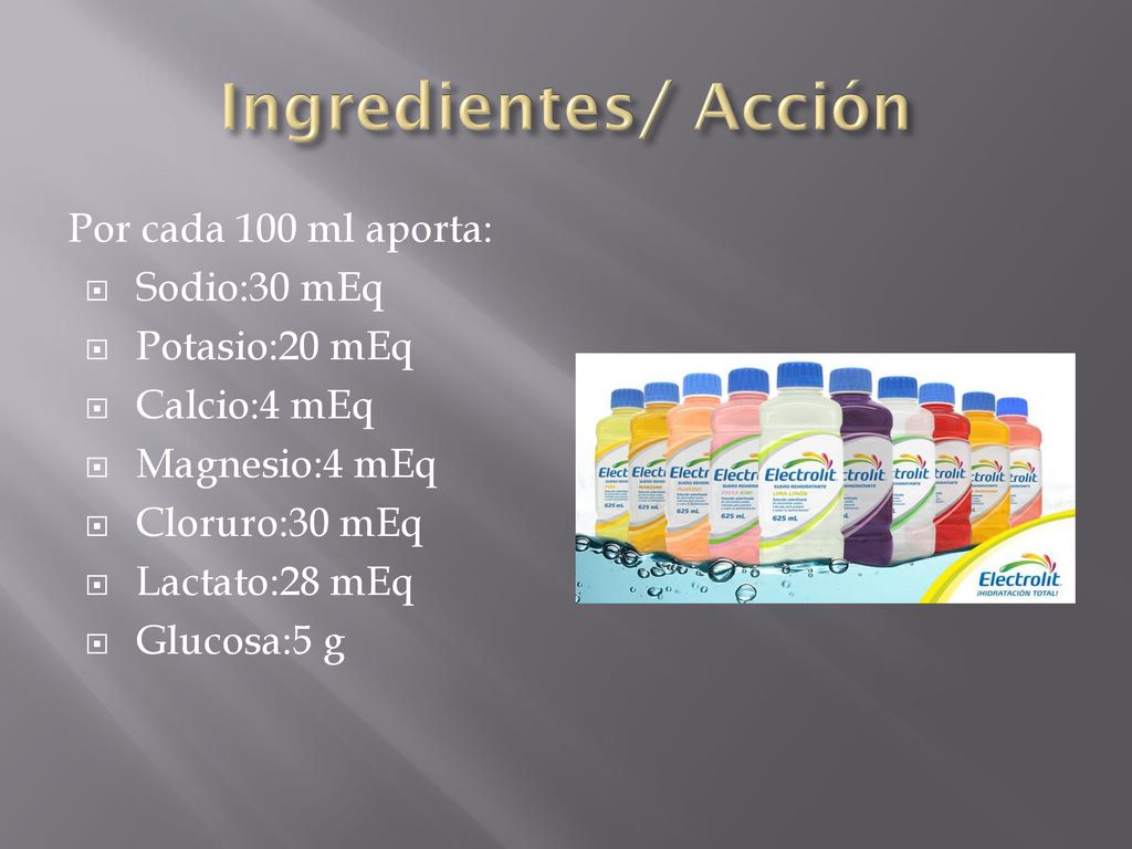Ingredientes/ Acción Por cada 100 ml aporta: Sodio:30 mEq