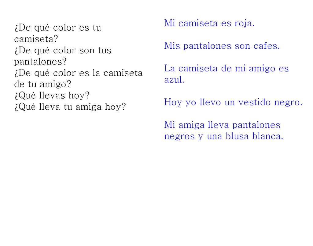 Mi camiseta es roja. Mis pantalones son cafes. La camiseta de mi amigo es azul. Hoy yo llevo un vestido negro.