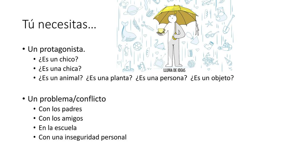 Tú necesitas… Un protagonista. Un problema/conflicto ¿Es un chico