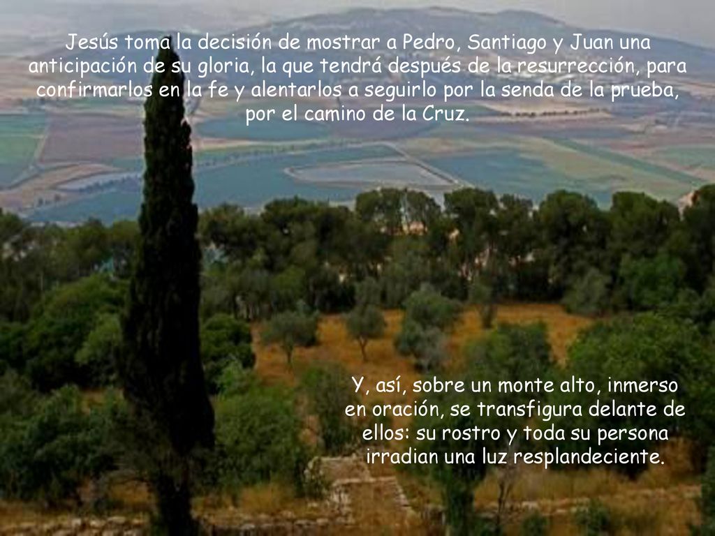 Jesús toma la decisión de mostrar a Pedro, Santiago y Juan una anticipación de su gloria, la que tendrá después de la resurrección, para confirmarlos en la fe y alentarlos a seguirlo por la senda de la prueba, por el camino de la Cruz.