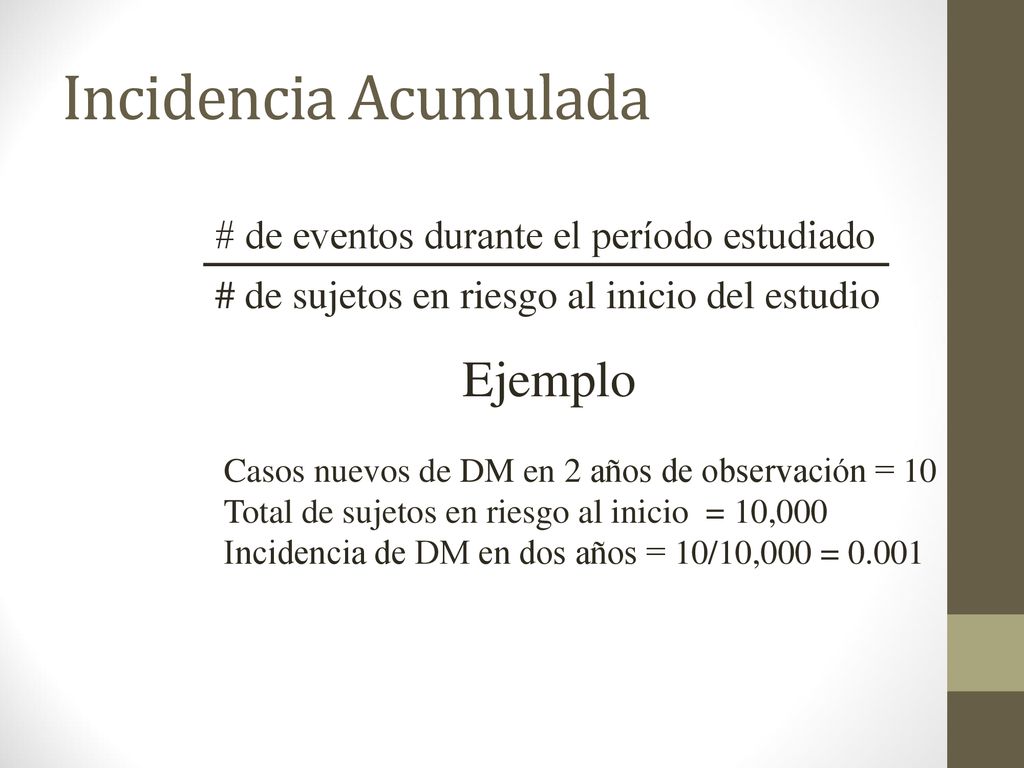 Incidencia Acumulada Ejemplo # de eventos durante el período estudiado