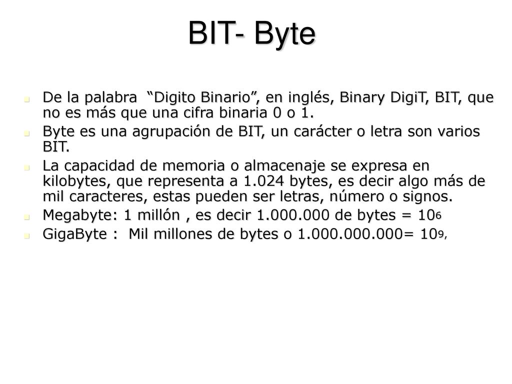 BIT- Byte De la palabra Digito Binario , en inglés, Binary DigiT, BIT, que no es más que una cifra binaria 0 o 1.