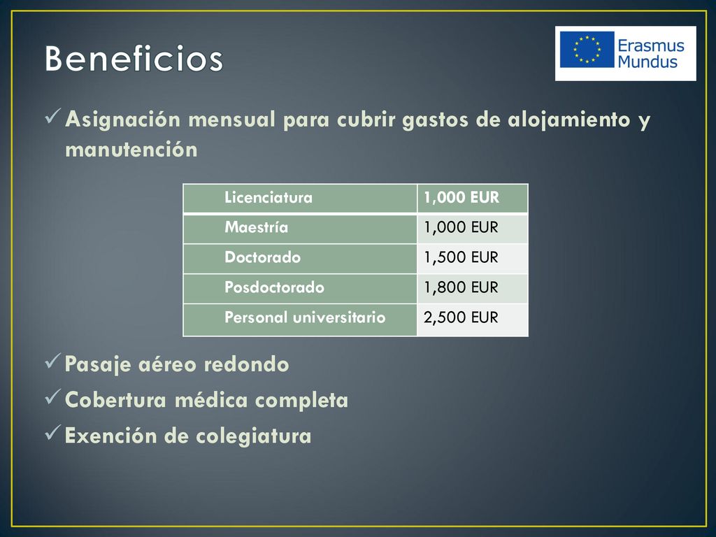 Beneficios Asignación mensual para cubrir gastos de alojamiento y manutención. Pasaje aéreo redondo.