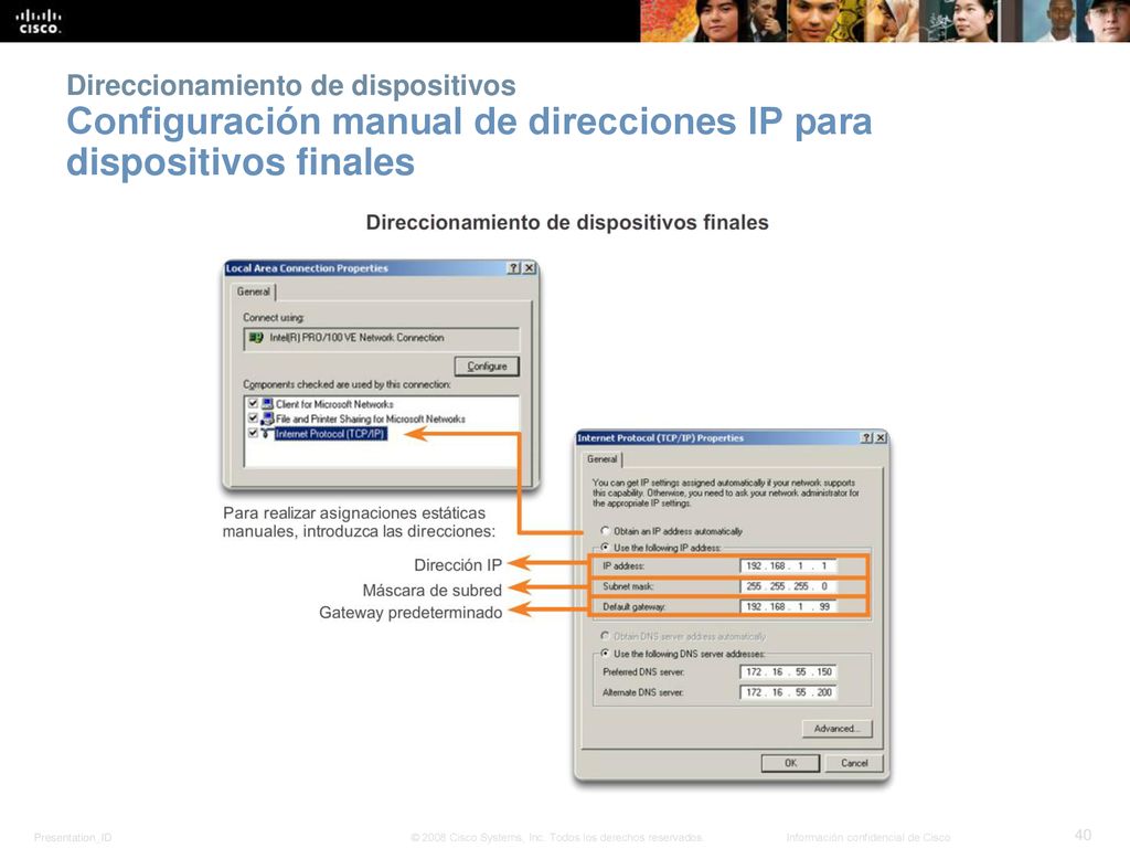 Direccionamiento de dispositivos Configuración manual de direcciones IP para dispositivos finales