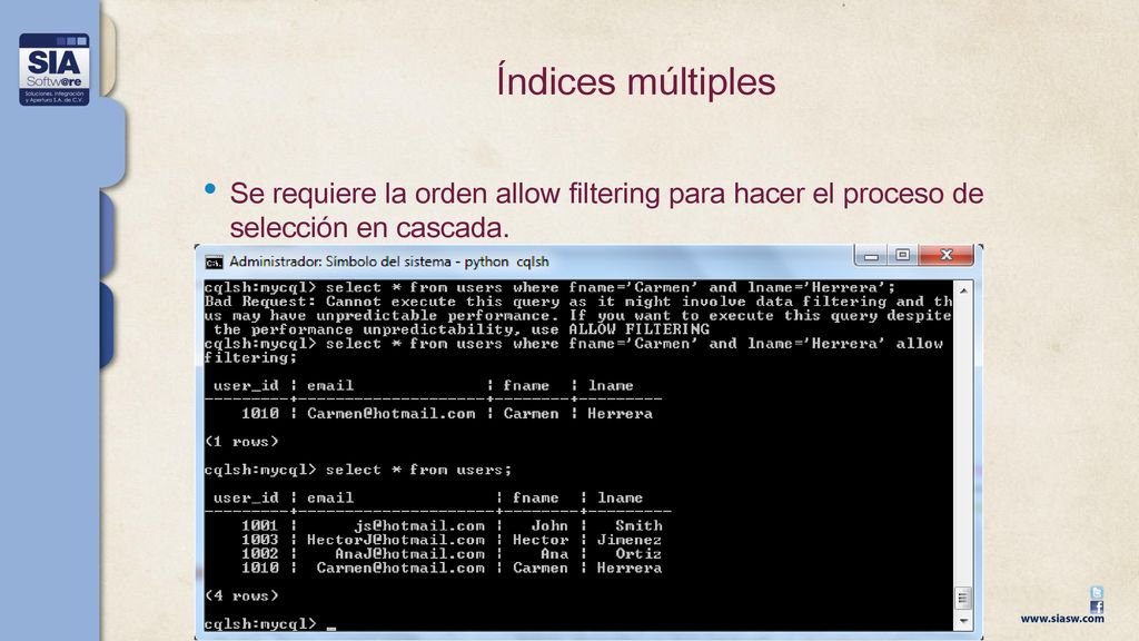 Índices múltiples Se requiere la orden allow filtering para hacer el proceso de selección en cascada.