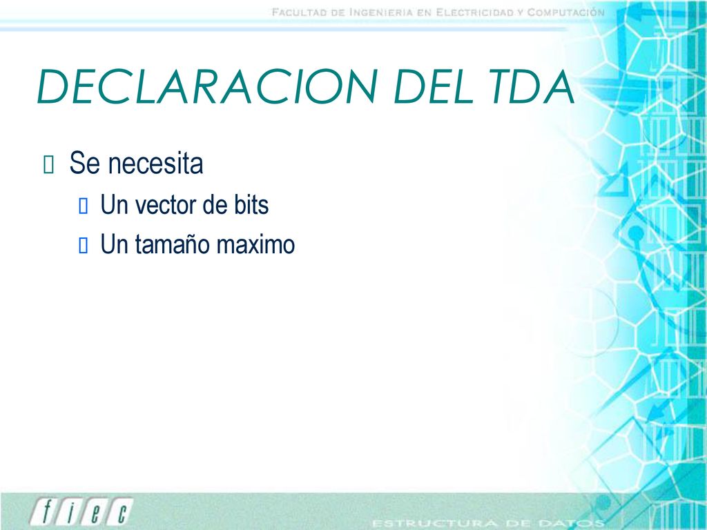 DECLARACION DEL TDA Se necesita Un vector de bits Un tamaño maximo