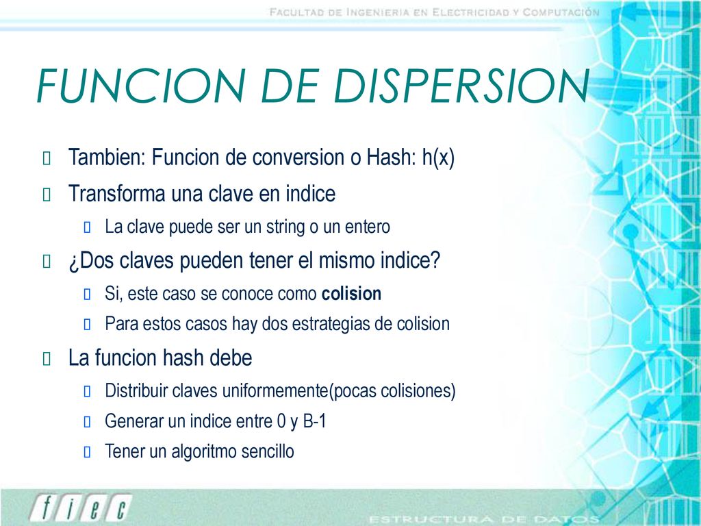 FUNCION DE DISPERSION Tambien: Funcion de conversion o Hash: h(x)