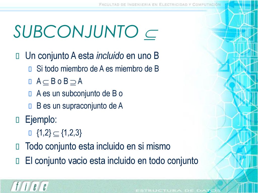 SUBCONJUNTO  Un conjunto A esta incluido en uno B Ejemplo: