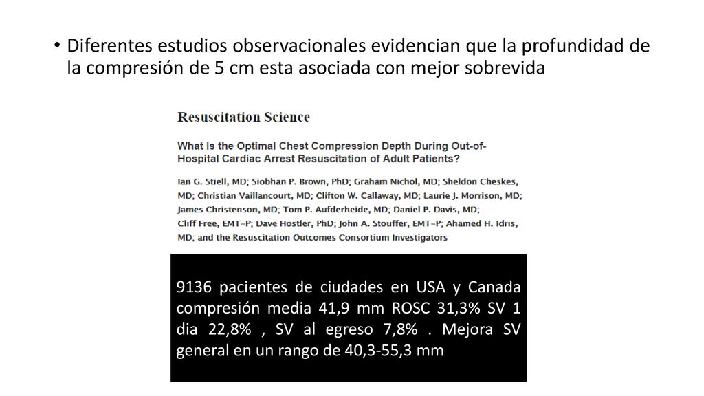Diferentes estudios observacionales evidencian que la profundidad de la compresión de 5 cm esta asociada con mejor sobrevida
