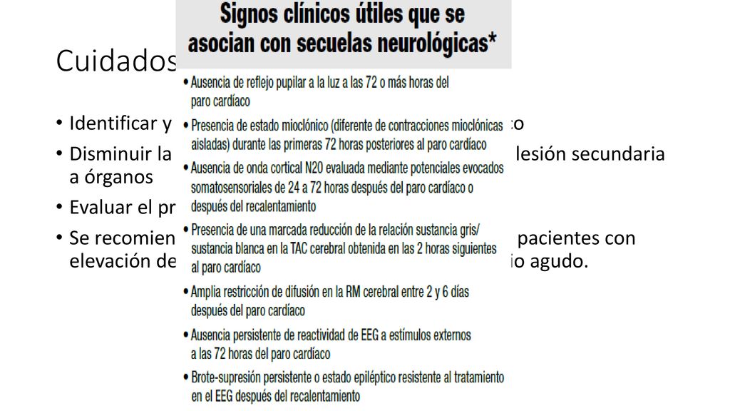 Cuidados post RCP Identificar y tratar la causa que llevo al paro cardiaco.