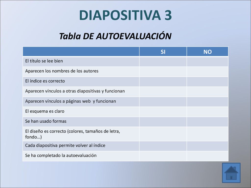 DIAPOSITIVA 3 Tabla DE AUTOEVALUACIÓN SI NO El título se lee bien