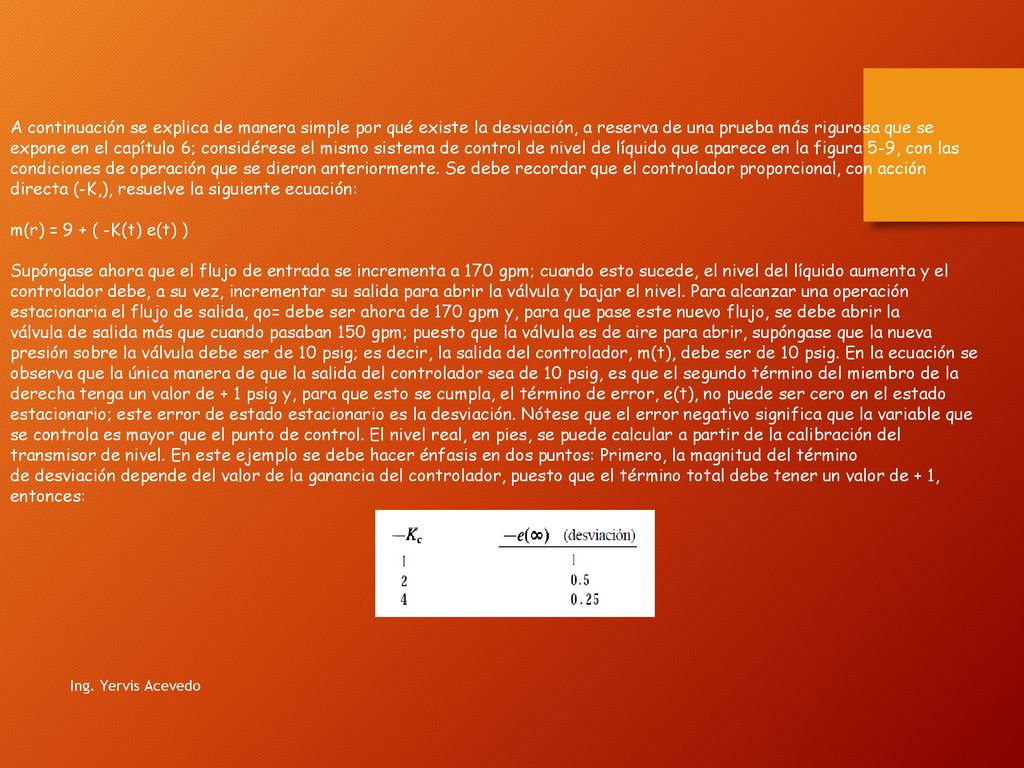 A continuación se explica de manera simple por qué existe la desviación, a reserva de una prueba más rigurosa que se expone en el capítulo 6; considérese el mismo sistema de control de nivel de líquido que aparece en la figura 5-9, con las condiciones de operación que se dieron anteriormente. Se debe recordar que el controlador proporcional, con acción directa (-K,), resuelve la siguiente ecuación: