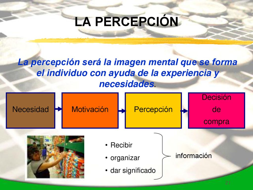 LA PERCEPCIÓN La percepción será la imagen mental que se forma el individuo con ayuda de la experiencia y necesidades.