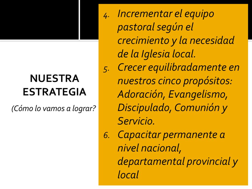 Incrementar el equipo pastoral según el crecimiento y la necesidad de la Iglesia local.
