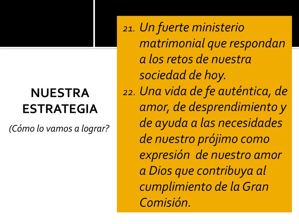 Un fuerte ministerio matrimonial que respondan a los retos de nuestra sociedad de hoy.
