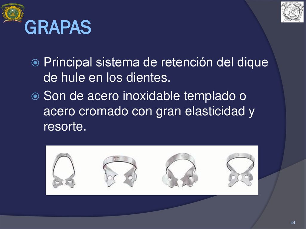 GRAPAS Principal sistema de retención del dique de hule en los dientes.
