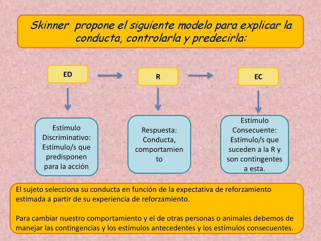 Skinner propone el siguiente modelo para explicar la conducta, controlarla y predecirla: