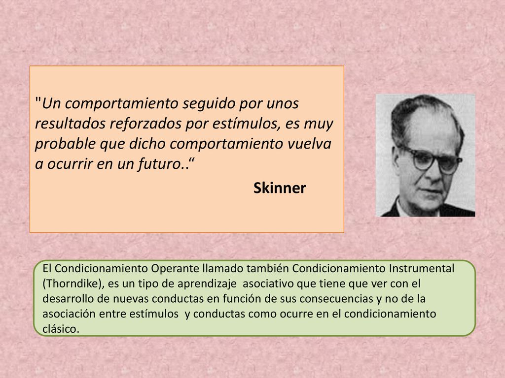 Un comportamiento seguido por unos resultados reforzados por estímulos, es muy probable que dicho comportamiento vuelva a ocurrir en un futuro.. Skinner