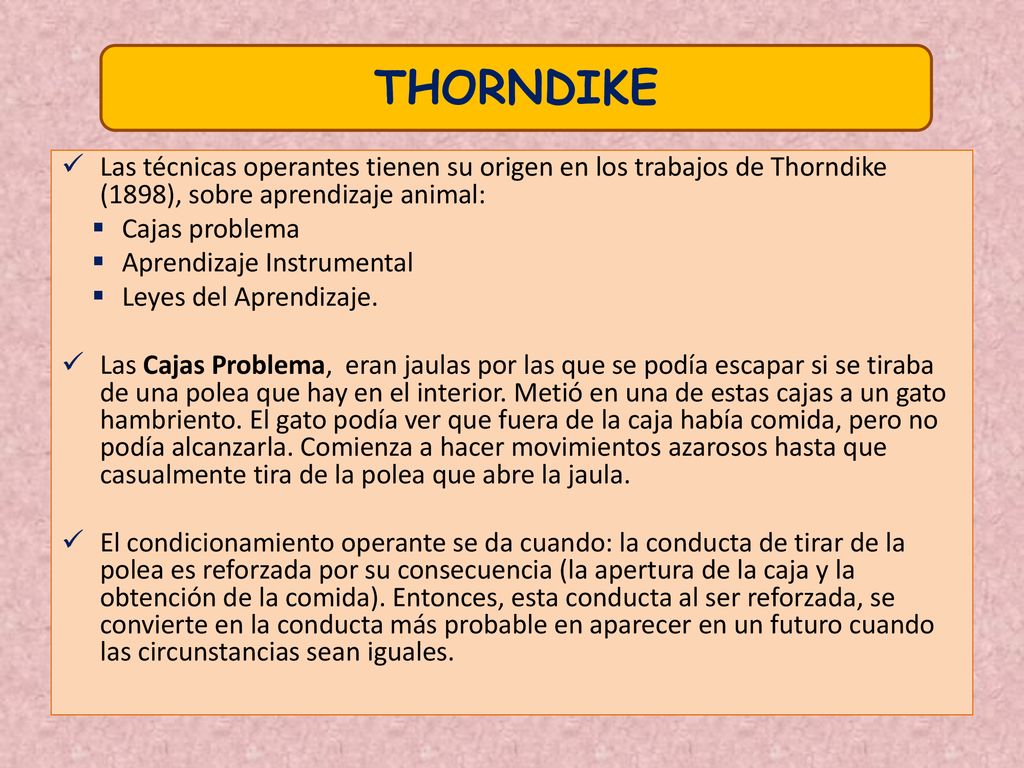 THORNDIKE Las técnicas operantes tienen su origen en los trabajos de Thorndike (1898), sobre aprendizaje animal: