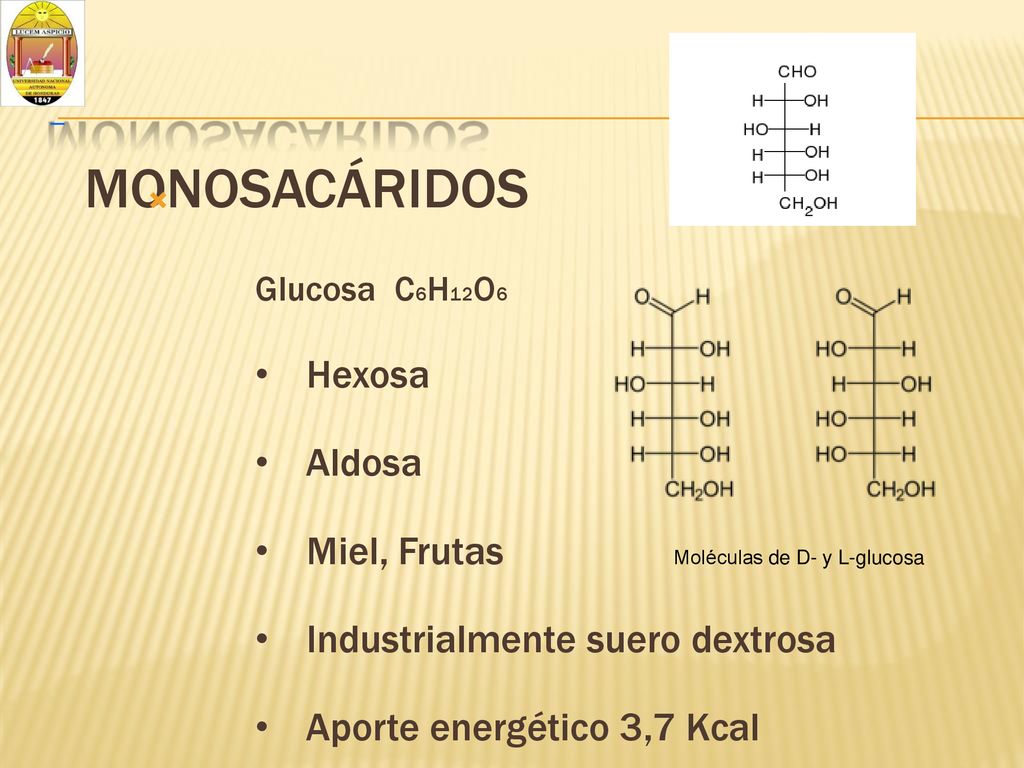 MONOSACÁRIDOS Hexosa Aldosa Miel, Frutas Moléculas de D- y L-glucosa