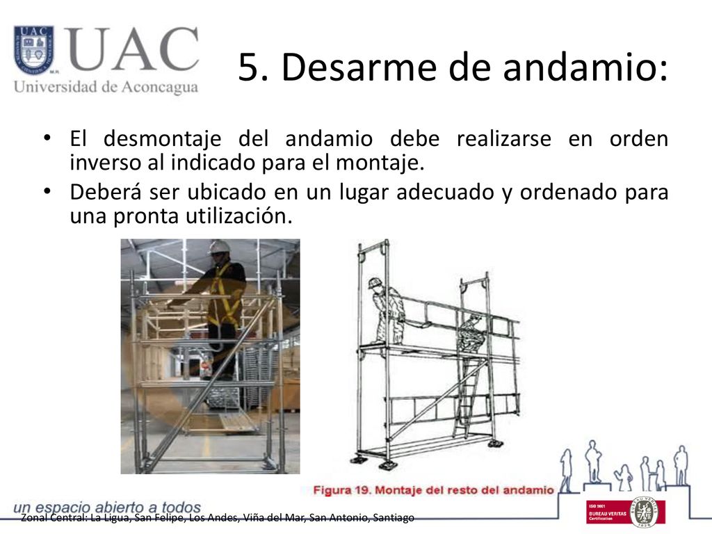5. Desarme de andamio: El desmontaje del andamio debe realizarse en orden inverso al indicado para el montaje.