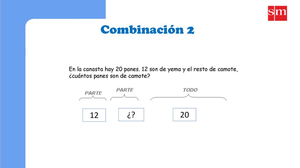 Combinación 2 En la canasta hay 20 panes. 12 son de yema y el resto de camote, ¿cuántos panes son de camote