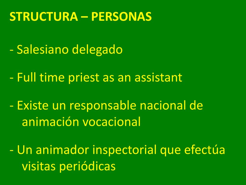 STRUCTURA – PERSONAS - Salesiano delegado - Full time priest as an assistant - Existe un responsable nacional de animación vocacional - Un animador inspectorial que efectúa visitas periódicas