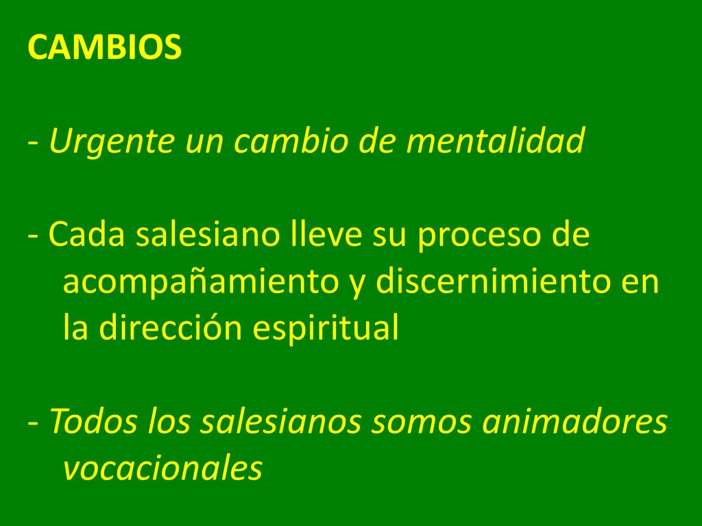 CAMBIOS - Urgente un cambio de mentalidad - Cada salesiano lleve su proceso de acompañamiento y discernimiento en la dirección espiritual - Todos los salesianos somos animadores vocacionales