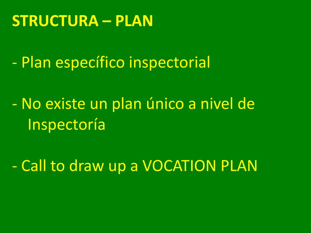 STRUCTURA – PLAN - Plan específico inspectorial - No existe un plan único a nivel de Inspectoría - Call to draw up a VOCATION PLAN