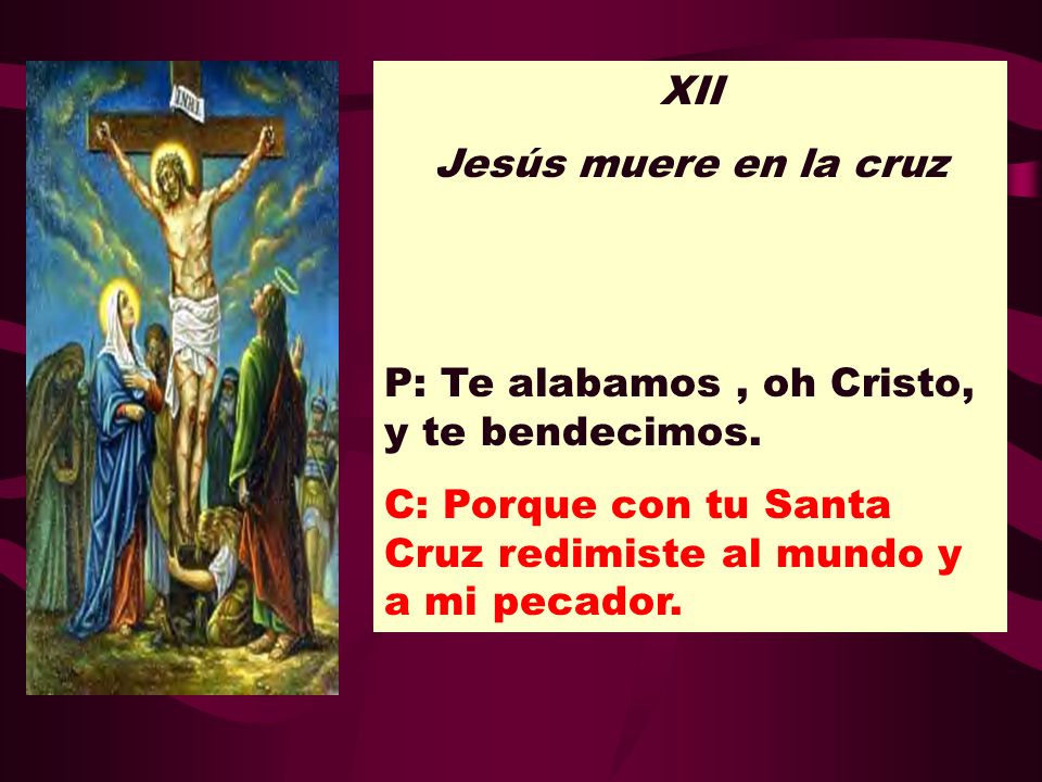 XII Jesús muere en la cruz. P: Te alabamos , oh Cristo, y te bendecimos.