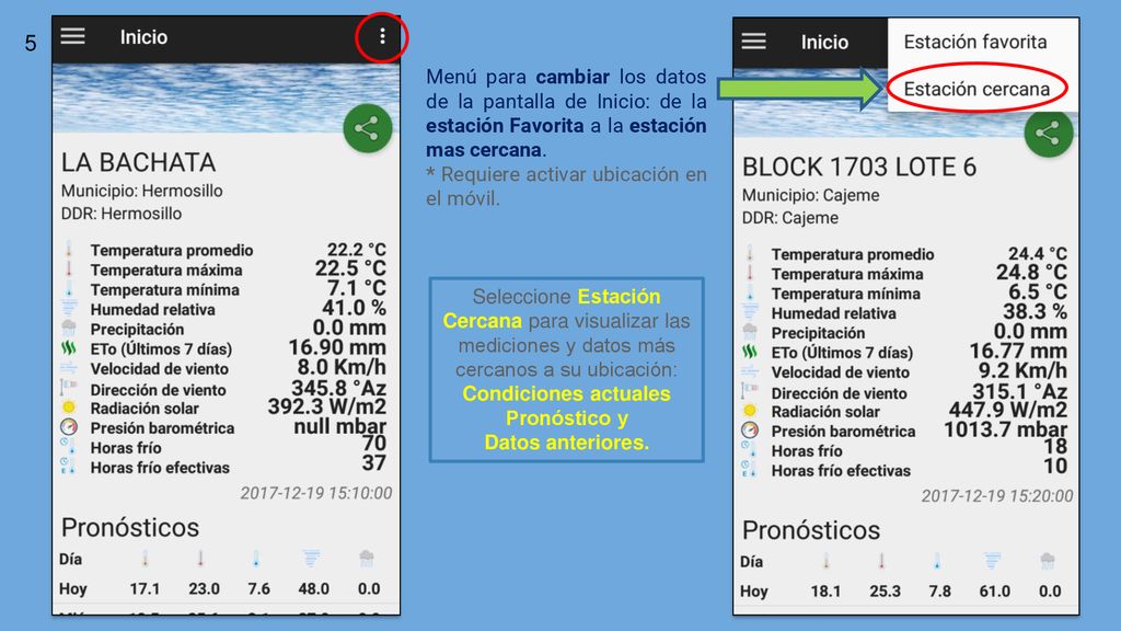 Menú para cambiar los datos de la pantalla de Inicio: de la estación Favorita a la estación mas cercana.