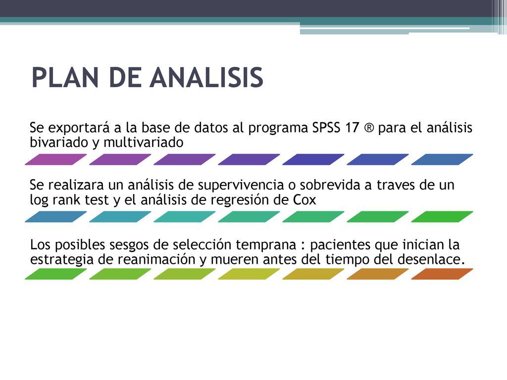PLAN DE ANALISIS Se exportará a la base de datos al programa SPSS 17 ® para el análisis bivariado y multivariado.