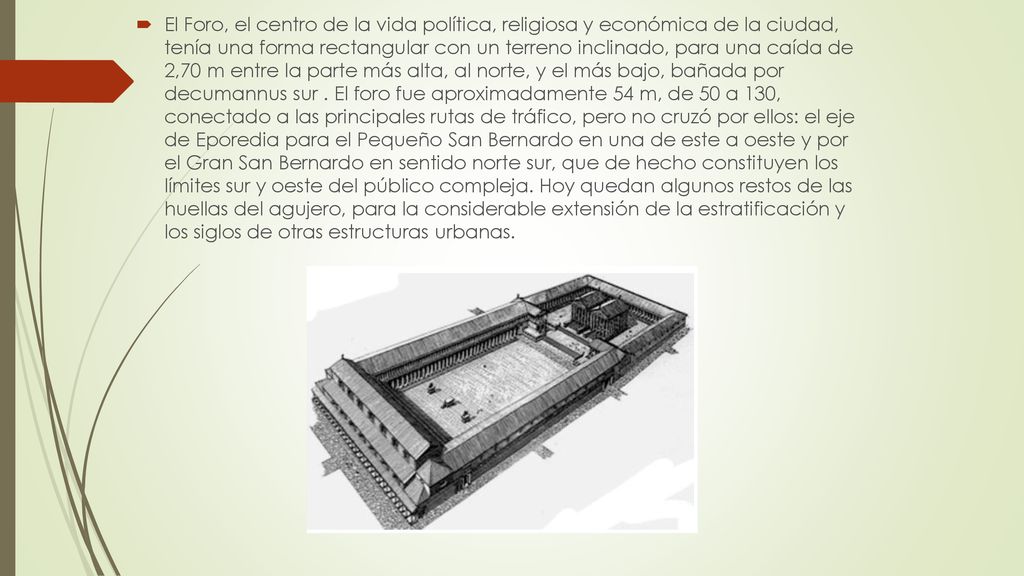 El Foro, el centro de la vida política, religiosa y económica de la ciudad, tenía una forma rectangular con un terreno inclinado, para una caída de 2,70 m entre la parte más alta, al norte, y el más bajo, bañada por decumannus sur .