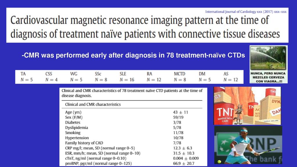 -CMR was performed early after diagnosis in 78 treatment-naïve CTDs