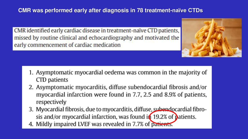 CMR was performed early after diagnosis in 78 treatment-naïve CTDs